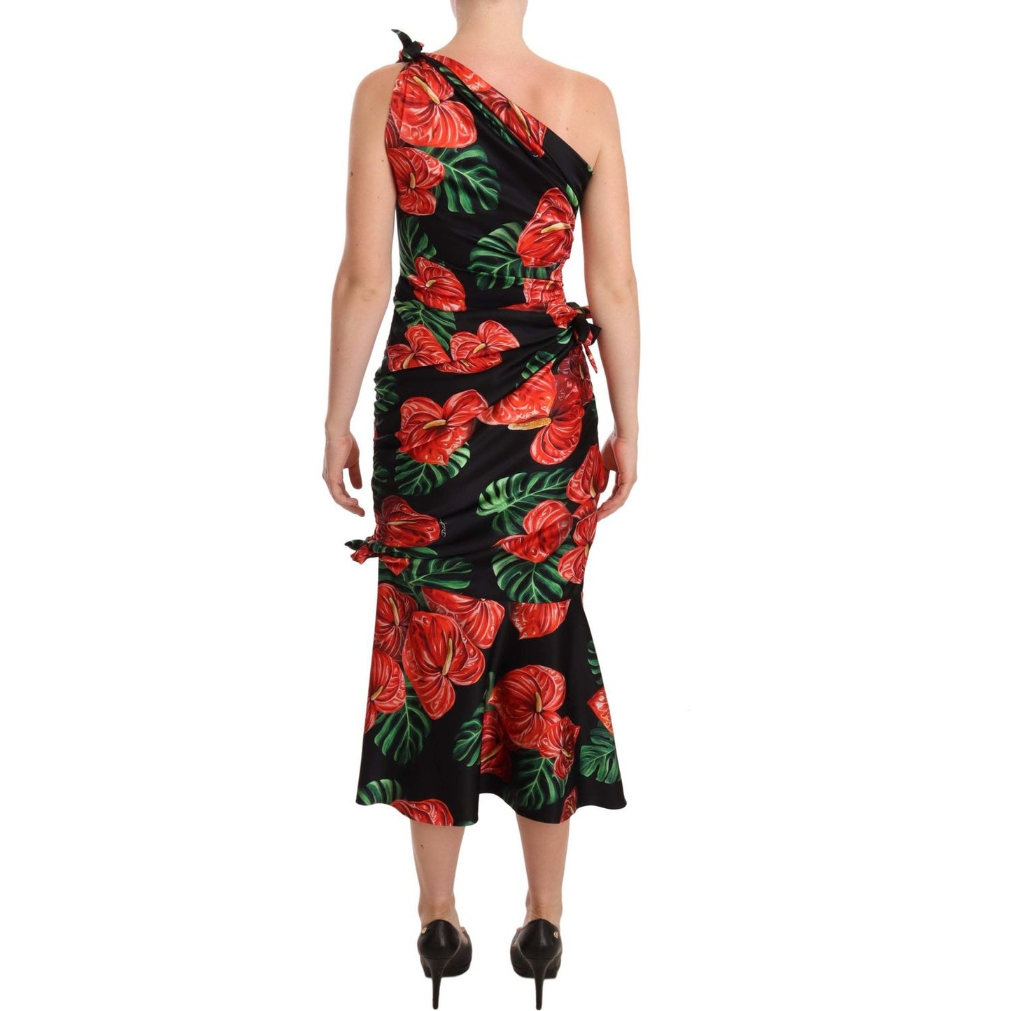 Dolce & Gabbana Black Shiny Silk Floral Print Draped Dress DR28184-38