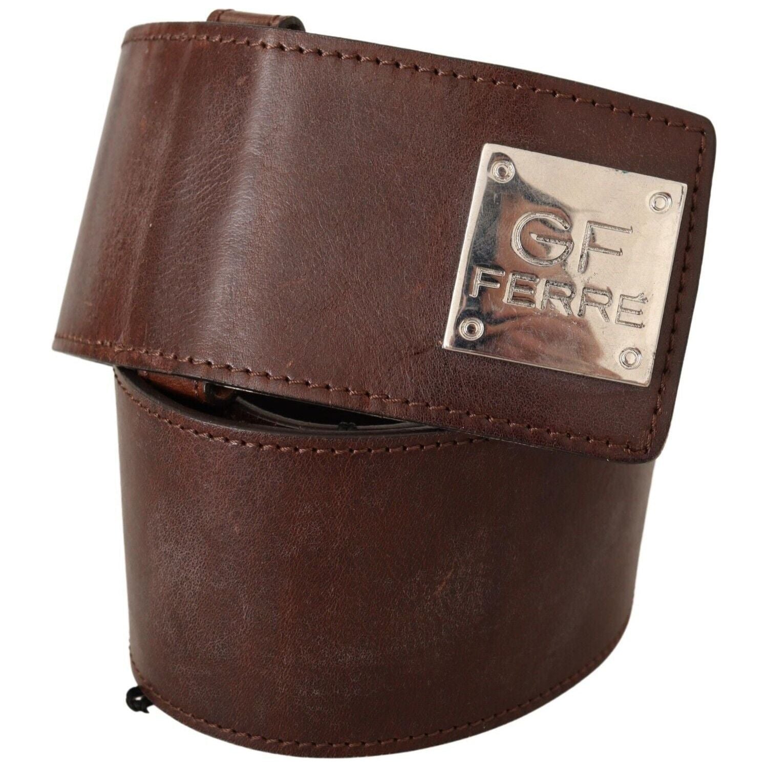 GF Ferre Brown Genuine Leather Wide Logo Buckle Waist Belt