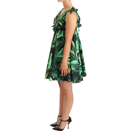 Dolce & Gabbana Green Leaves Print Cotton Flared Mini Dress DR28286-38