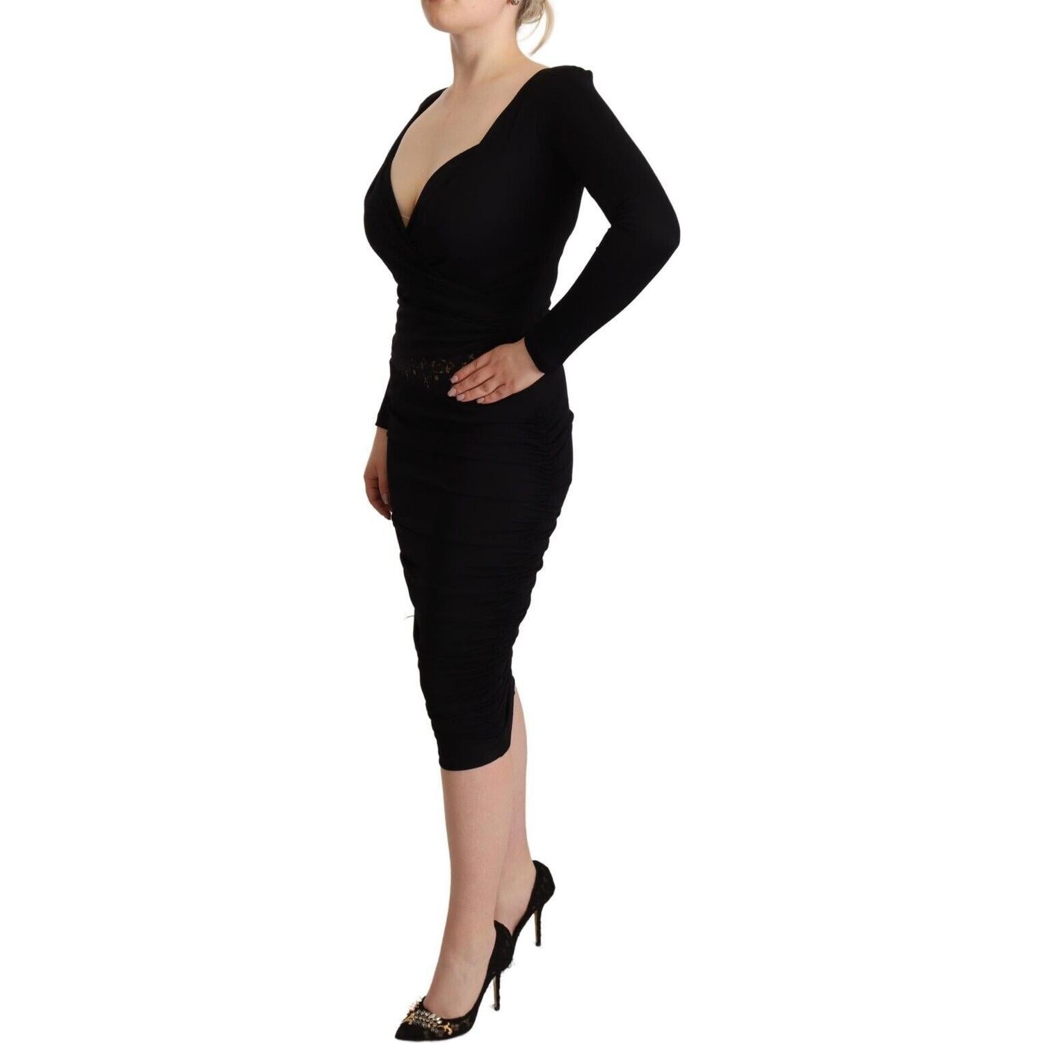 GF Ferre Black Long Sleeves Sweetheart Neck Midi Dress