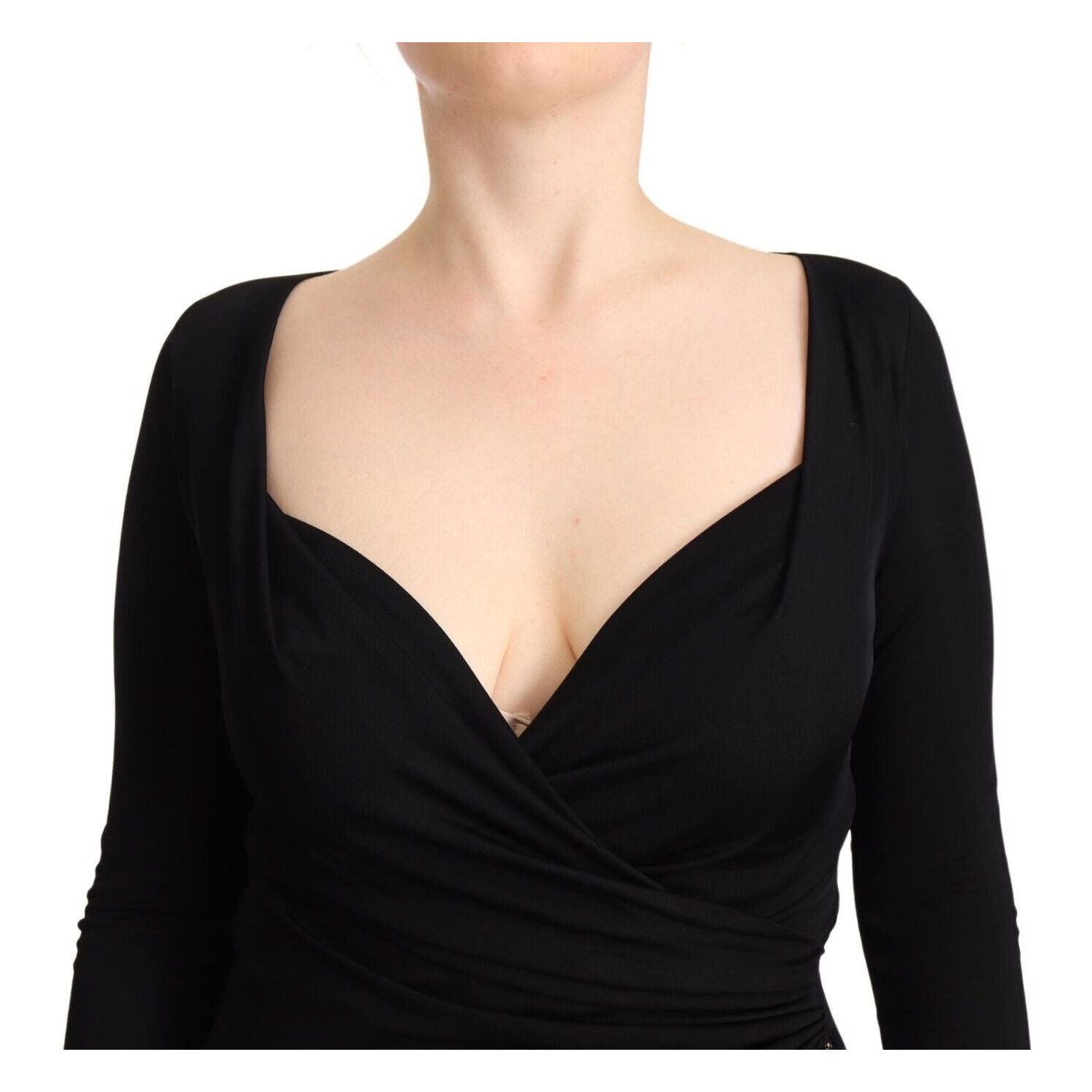 GF Ferre Black Long Sleeves Sweetheart Neck Midi Dress