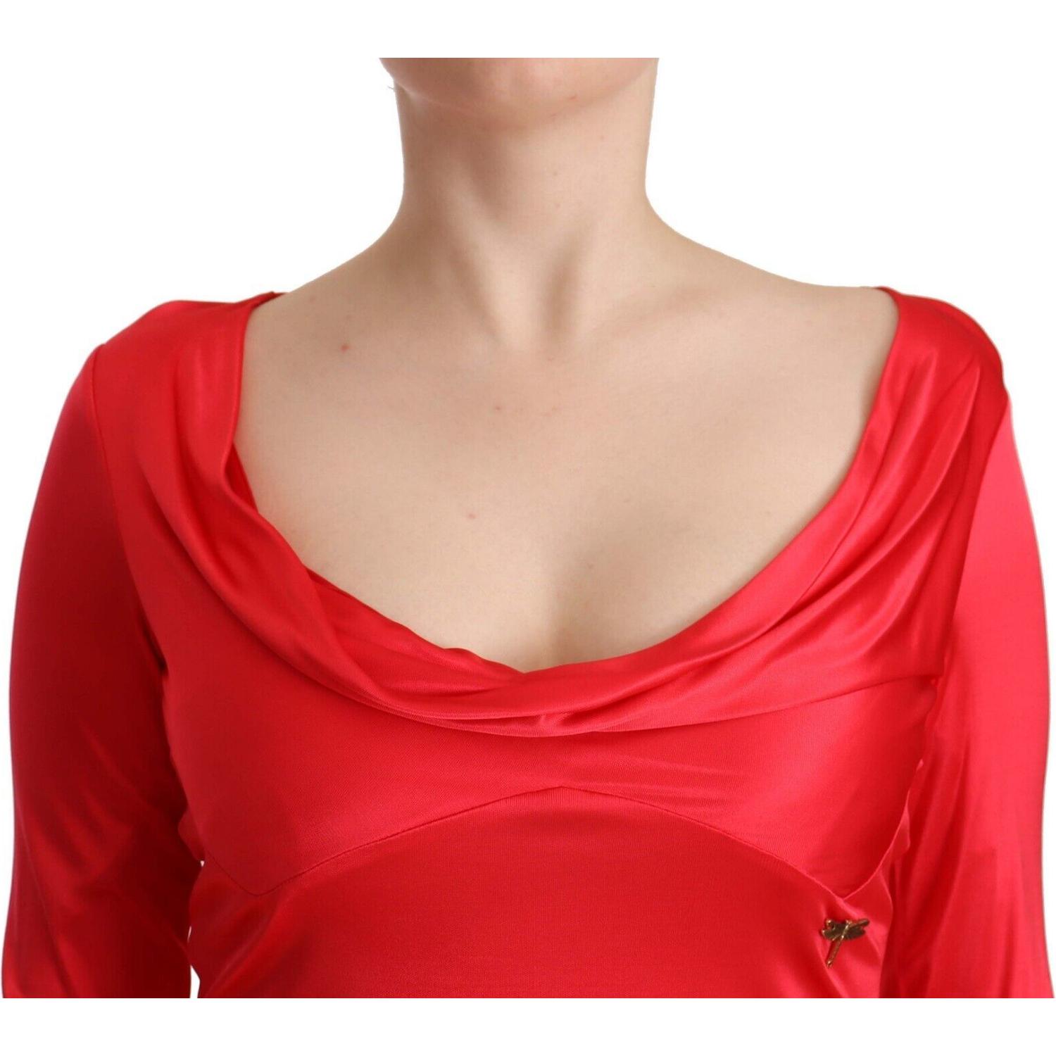 John Galliano Red Viscose 3/4 Sleeves Deep Round Neck Sheath Dress