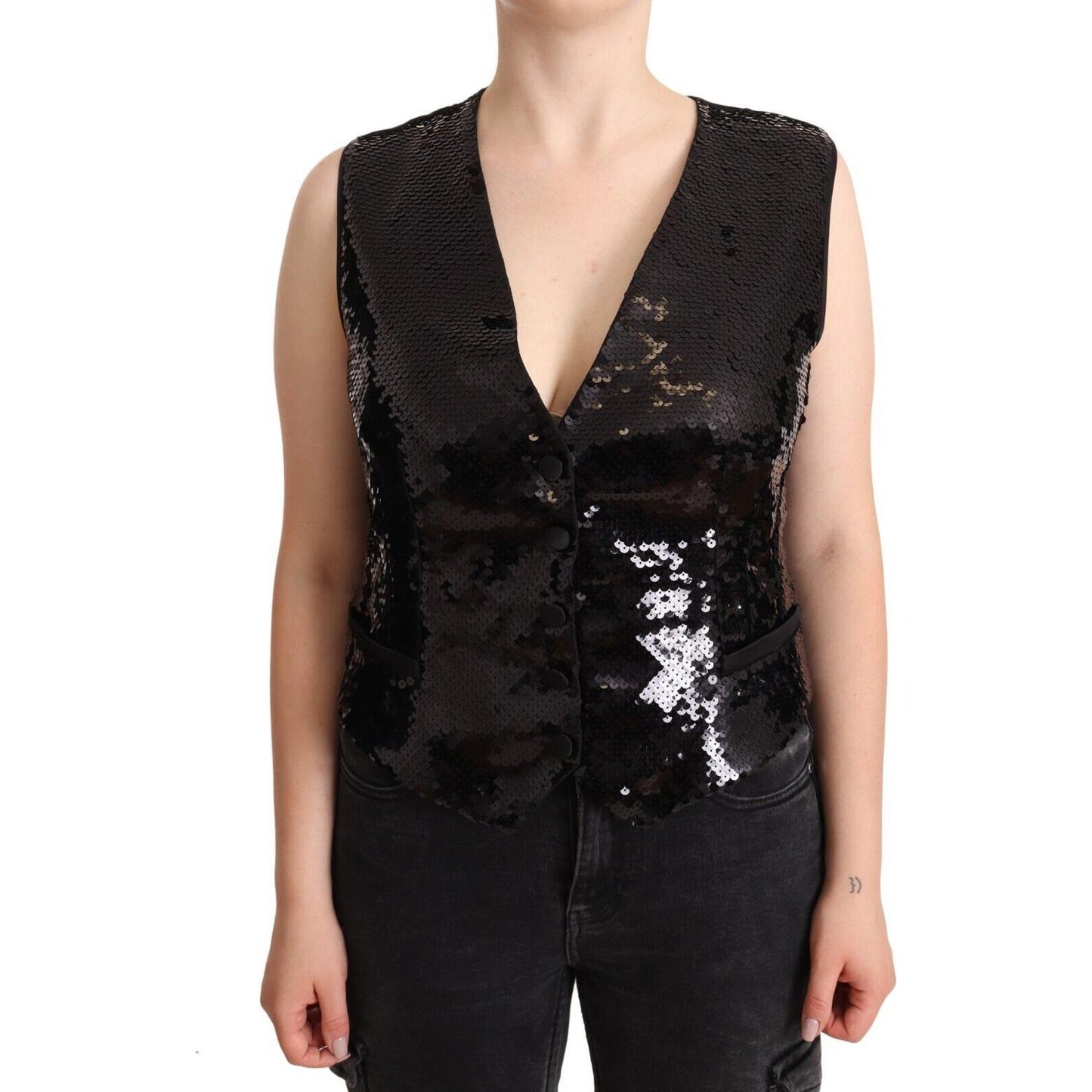 Dolce & Gabbana Black Sequin V-Neck Sleeveless Vest Tank Top TSH2406 - 48