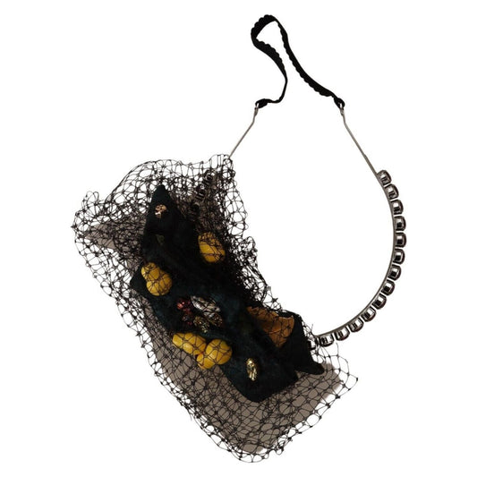 Dolce & Gabbana Silver Tiara Crystals Fruits Black Mesh Diadem Headband SMY100808