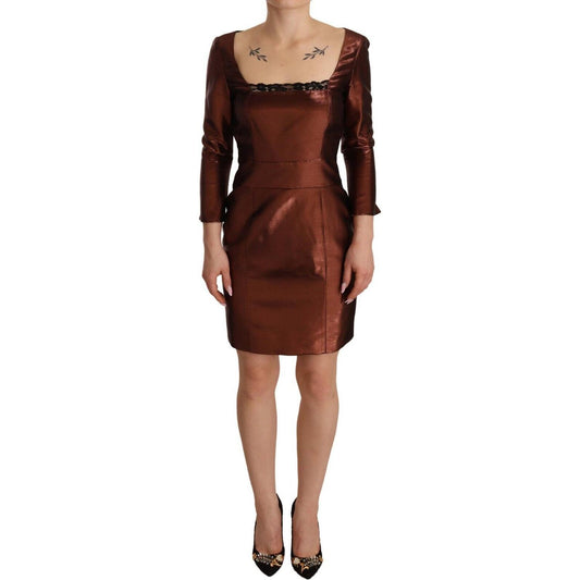 GF Ferre Metallic Brown Long Sleeves Square Neck Sheath Dress DR28542 - 40
