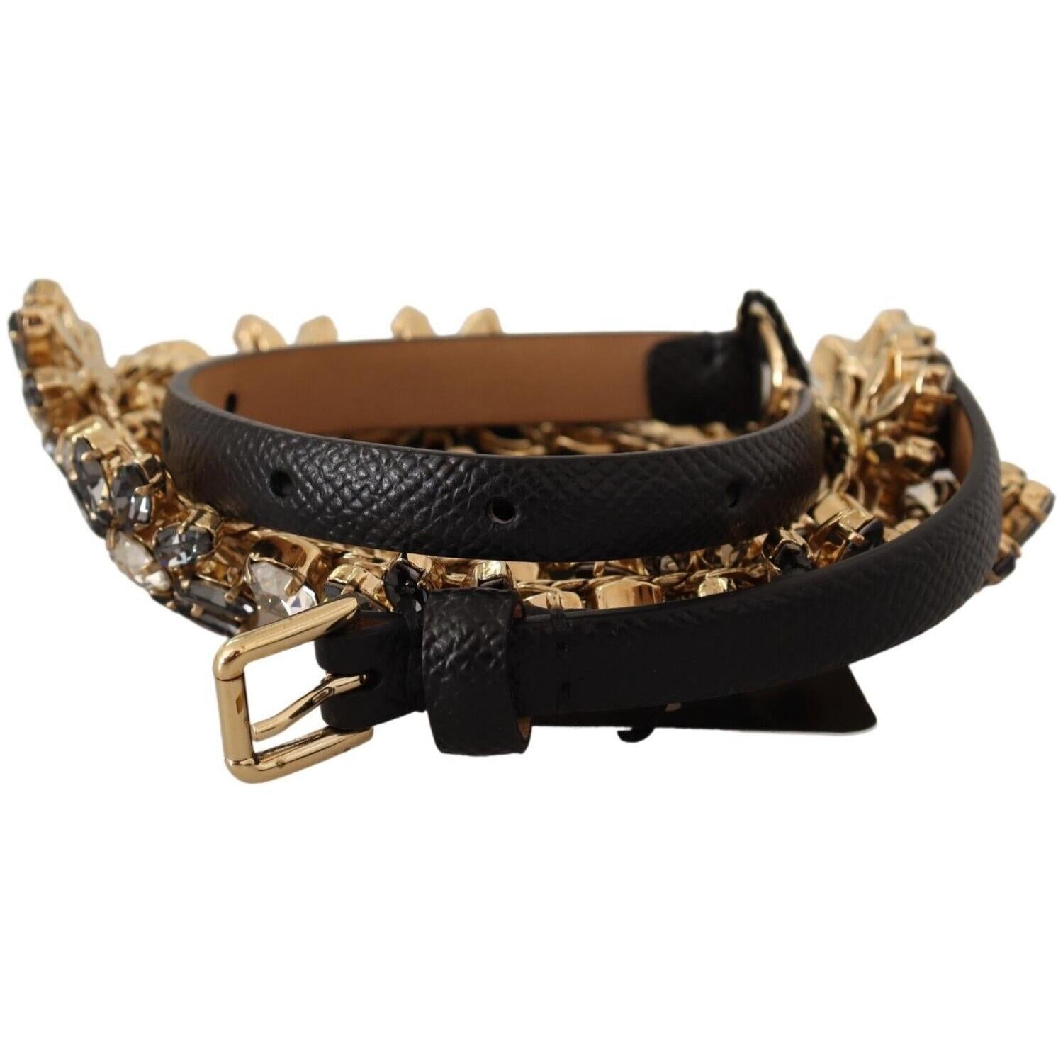 Dolce & Gabbana Black Daisy Crystal Dauphine Texture Belt