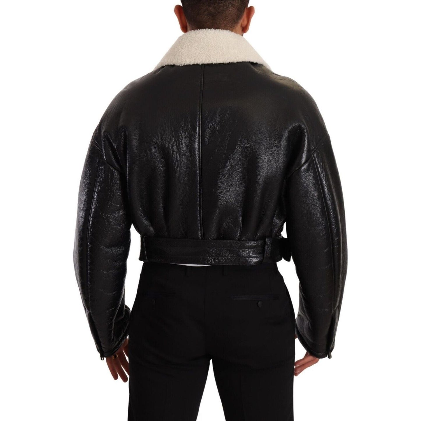 Dolce & Gabbana Black Leather Shearling Biker Coat Jacket JKT3251 - 48