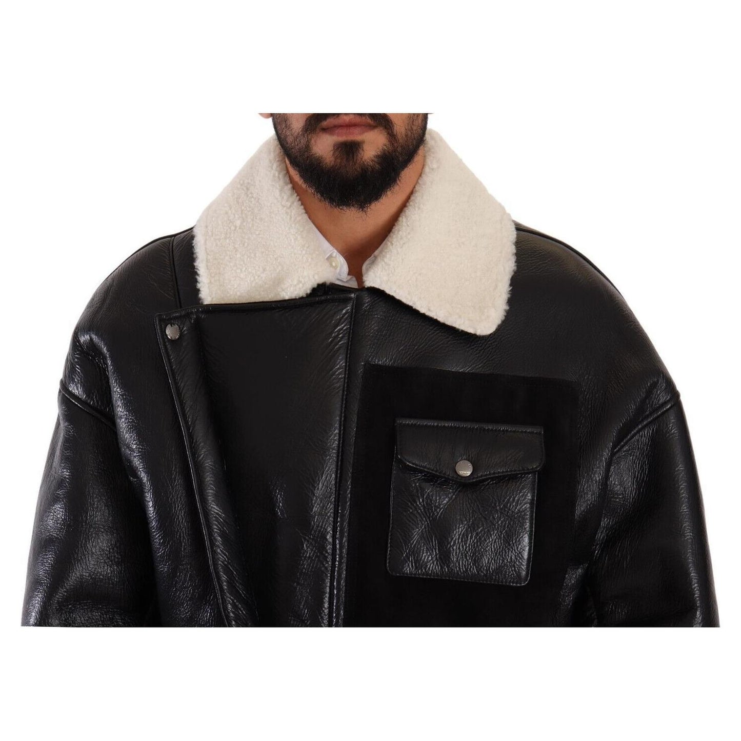 Dolce & Gabbana Black Leather Shearling Biker Coat Jacket JKT3251 - 48