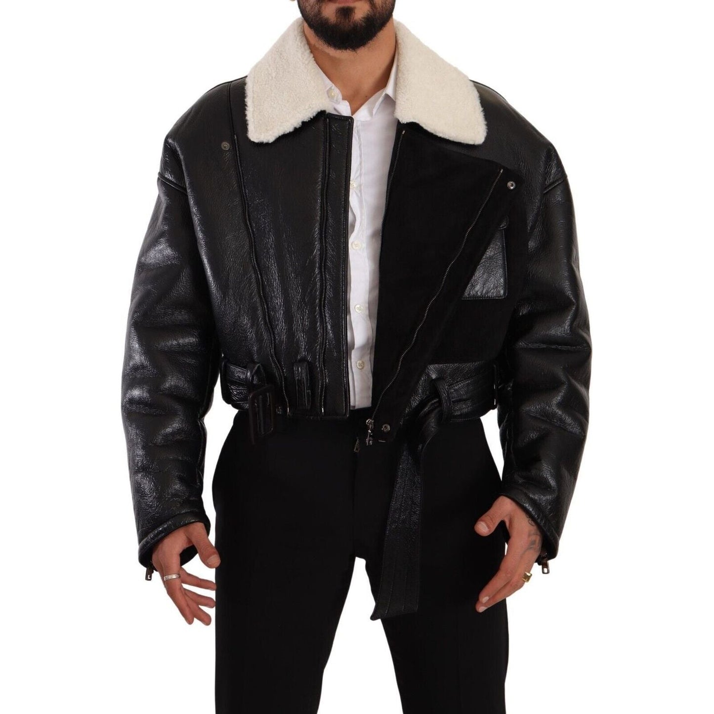 Dolce & Gabbana Black Leather Shearling Biker Coat Jacket JKT3251 - 48