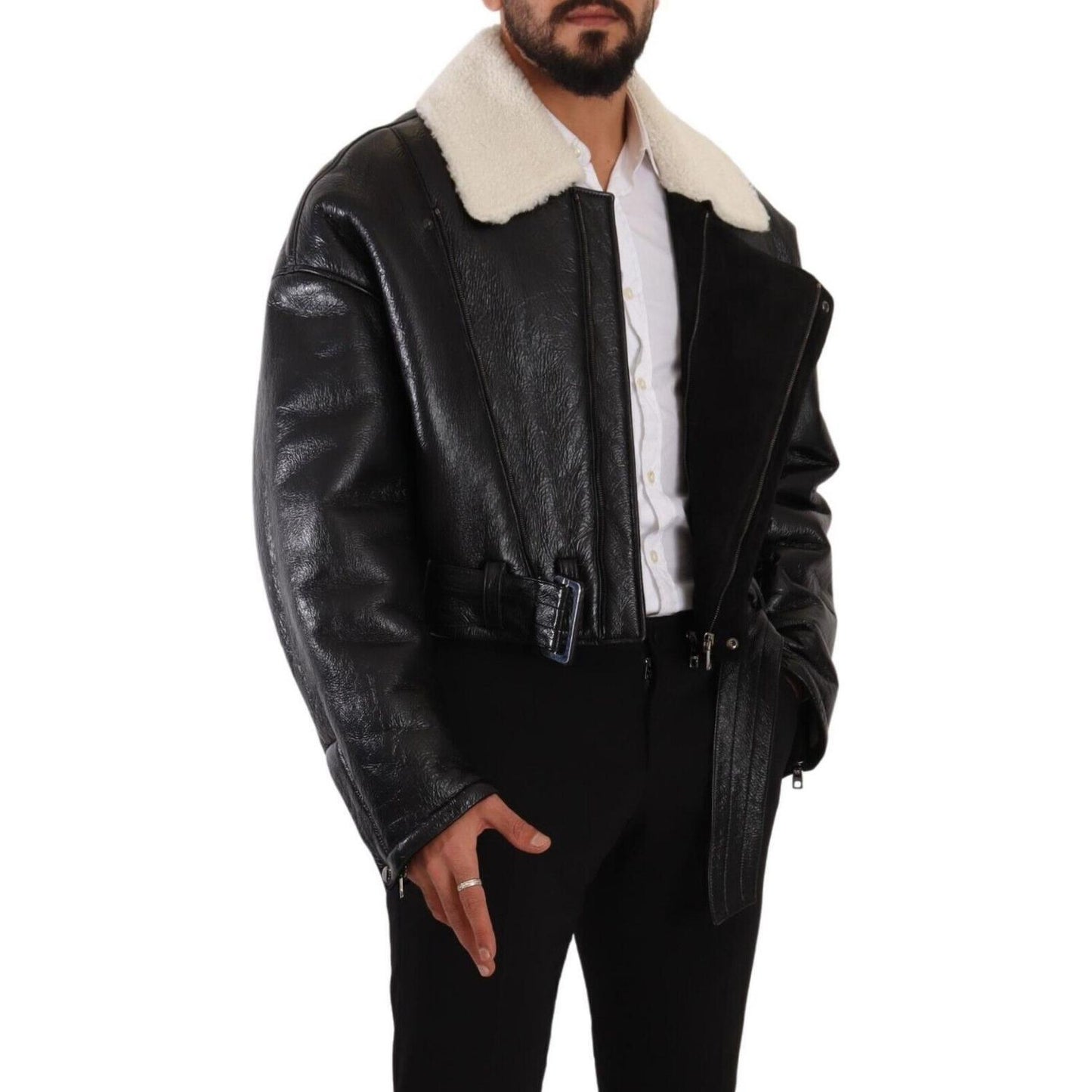 Dolce & Gabbana Black Leather Shearling Biker Coat Jacket JKT3251 - 48