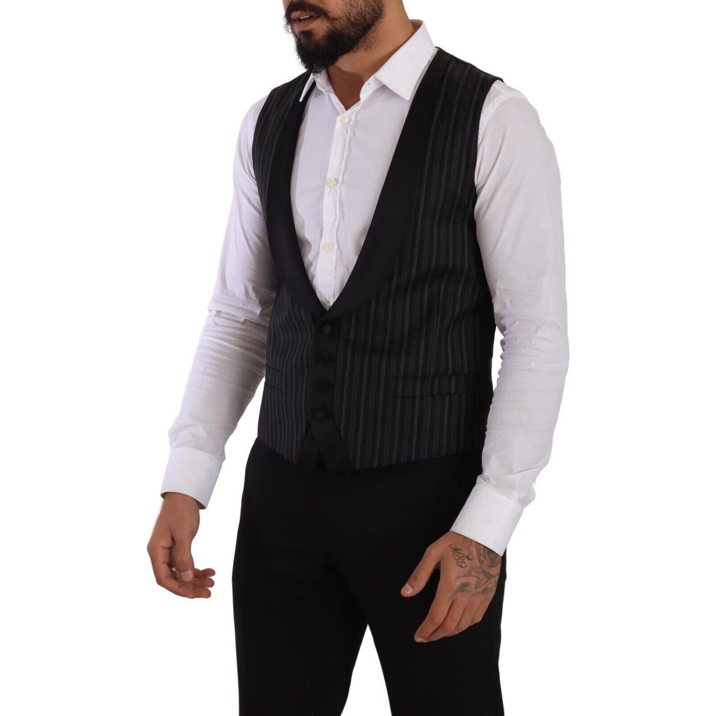 Dolce & Gabbana Black Striped Wool Silk Waistcoat Vest TSH7590 - 48