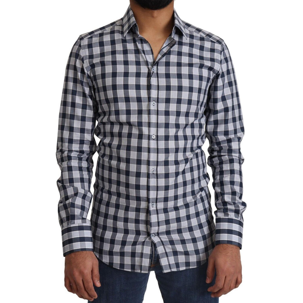 Dolce & Gabbana Blue White Check Cotton Slim Fit GOLD Shirt TSH2346 - 38