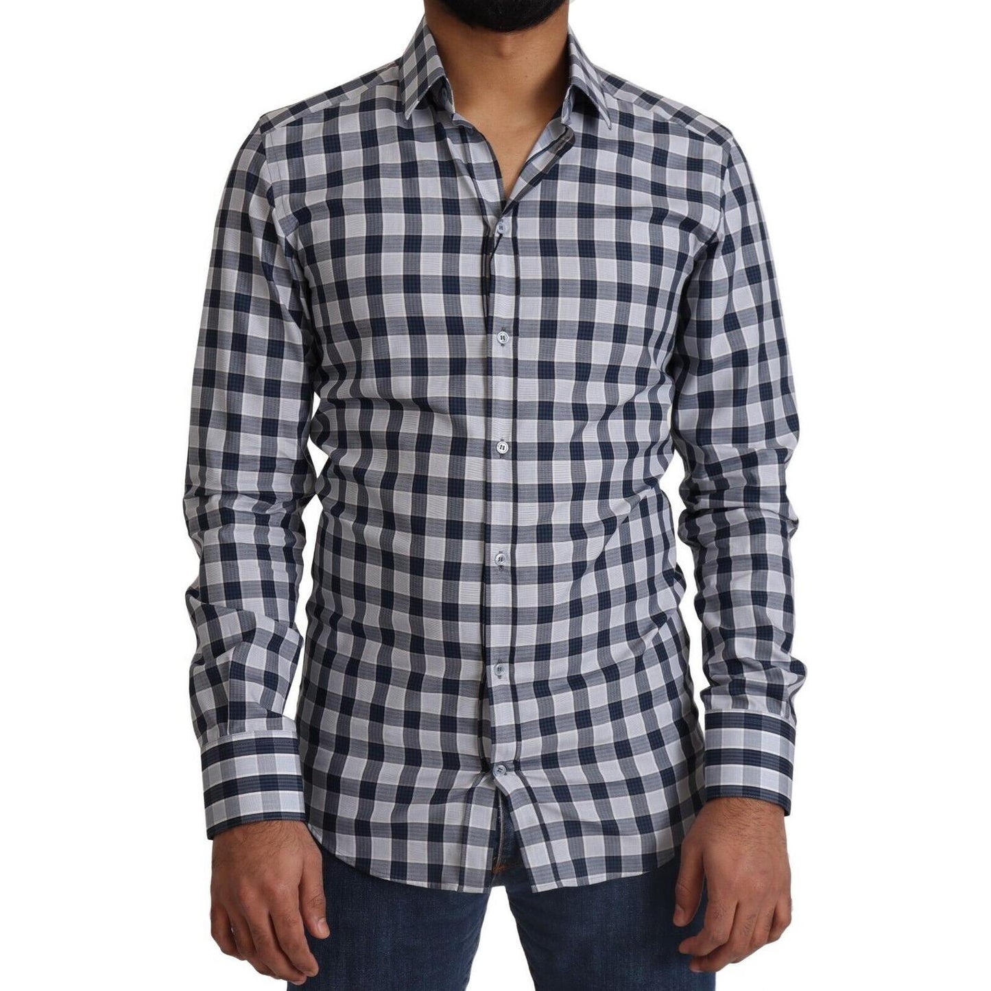 Dolce & Gabbana Blue White Check Cotton Slim Fit GOLD Shirt TSH2346 - 38
