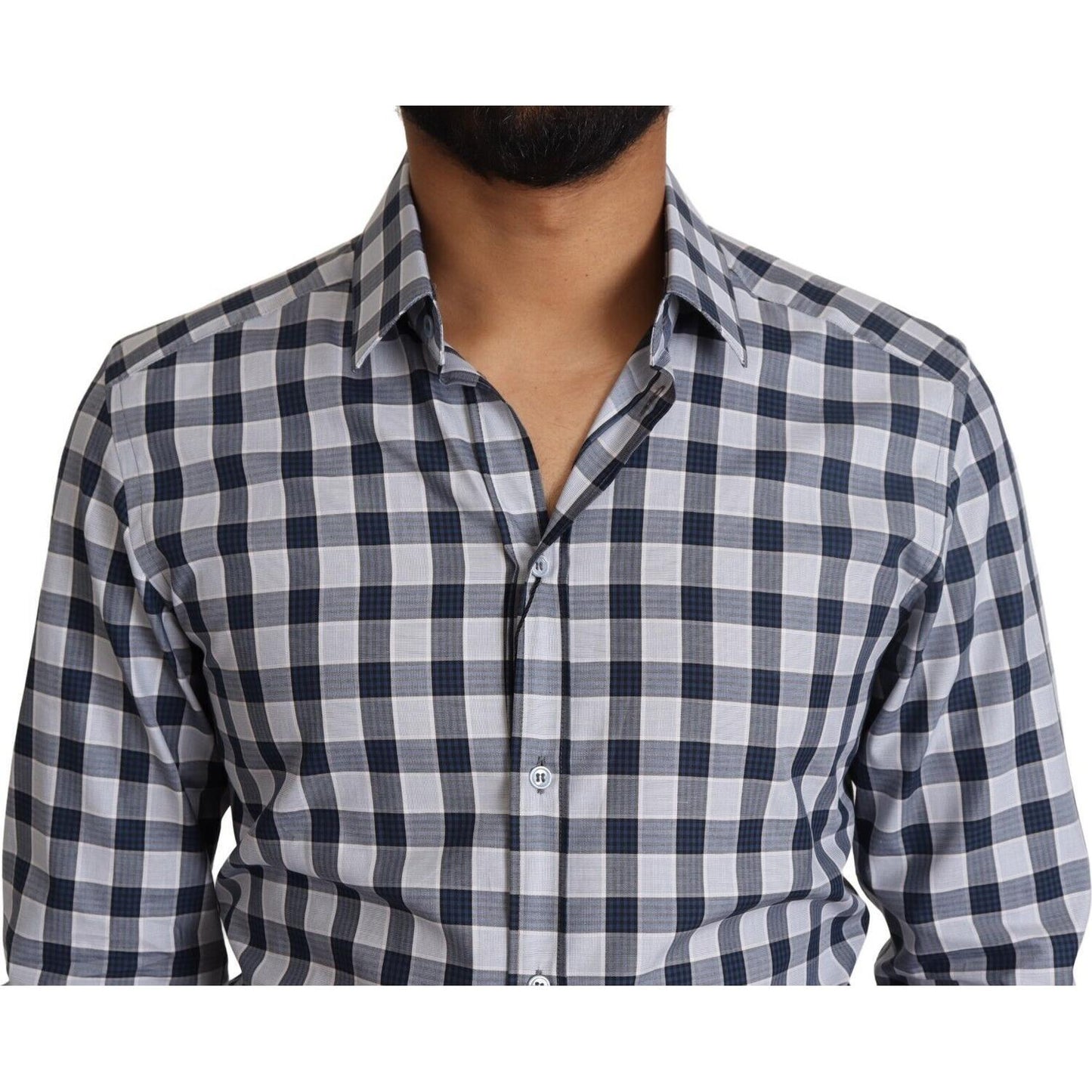 Dolce & Gabbana Blue White Check Cotton Slim Fit GOLD Shirt TSH2346 - 38
