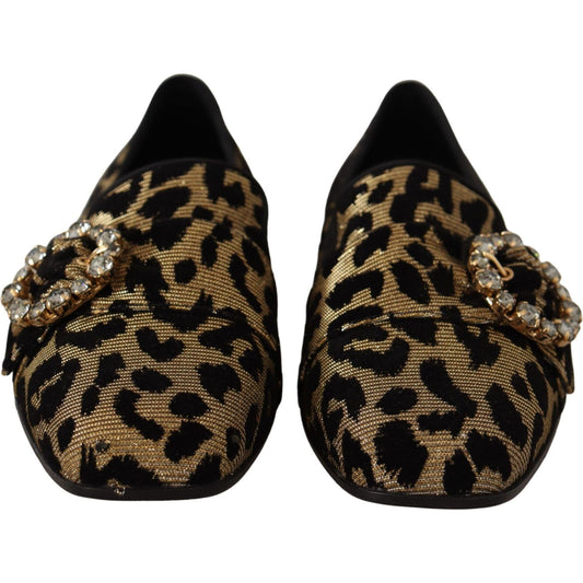 Dolce & Gabbana Gold Leopard Print Crystals Loafers Shoes LA9771- 36.5