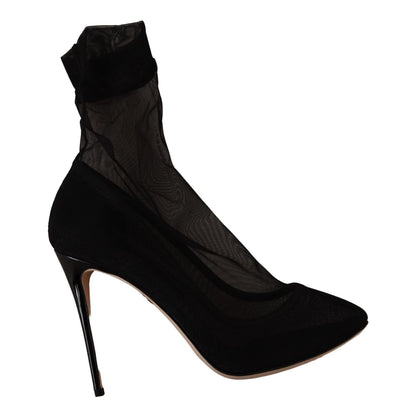 Dolce & Gabbana Black Stretch Tulle Stretch Boots Shoes