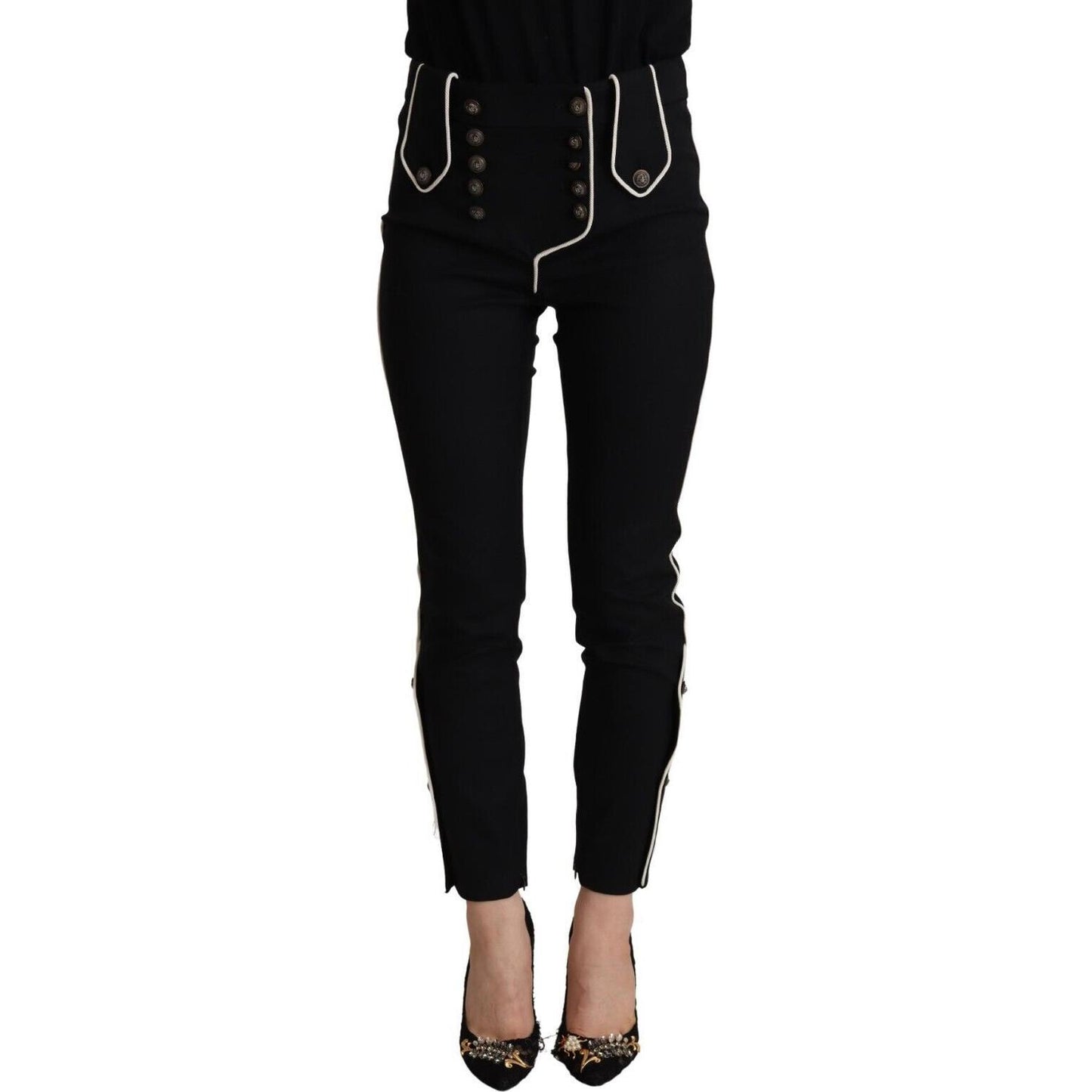 Dolce & Gabbana Black Mid Waist Button Embellished Slim Fit Pants PAN72825 - 40
