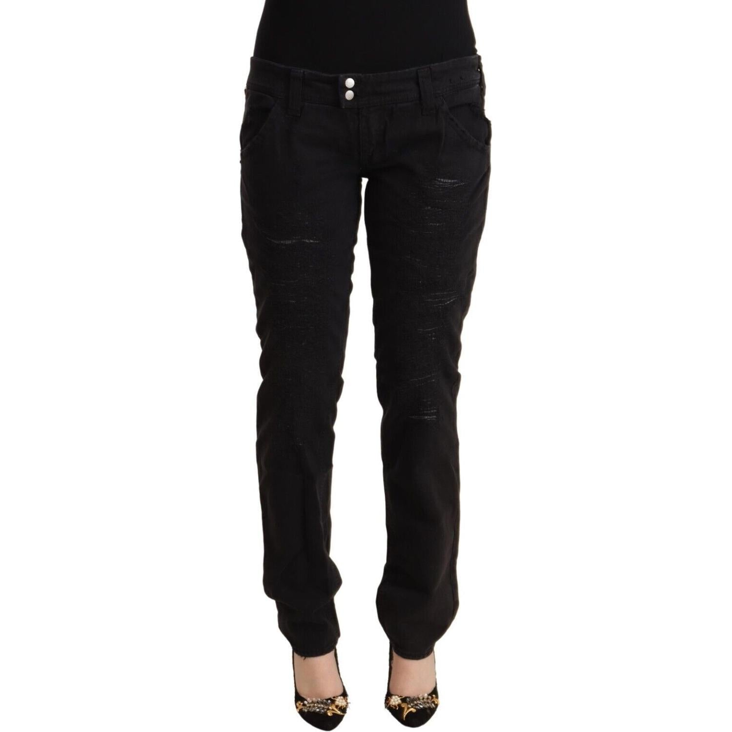 CYCLE Black Cotton Distressed Low Waist Slim Fit Denim Jeans