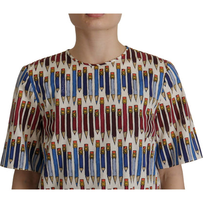 Dolce & Gabbana White Pencil Print Cotton T-shirt Blouse
