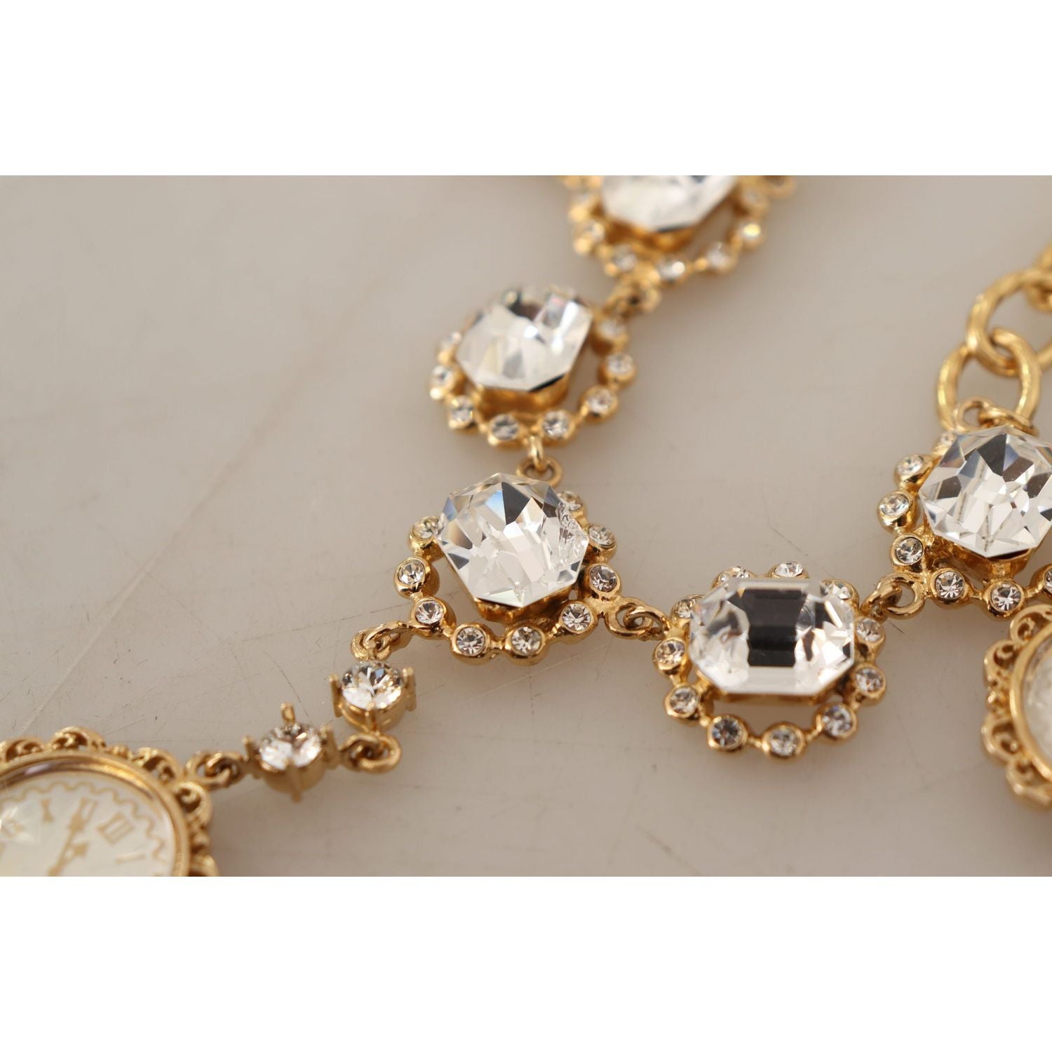 Dolce & Gabbana Gold Clock Statement Crystal Chain Necklace