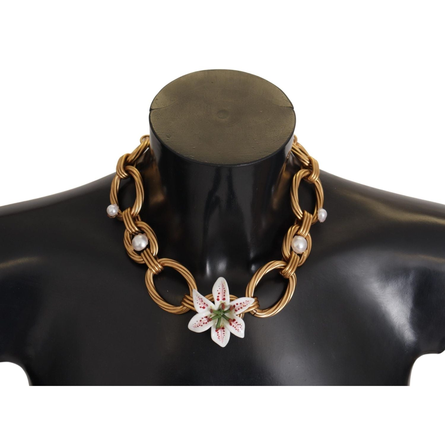 Dolce & Gabbana Gold White Lily Floral Chain Statement Necklace