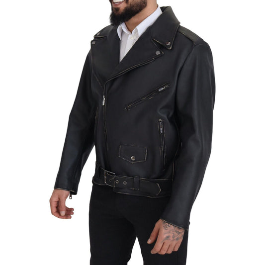 Dolce & Gabbana Black Leather Biker Coat Zipper Jacket JKT3334- 46