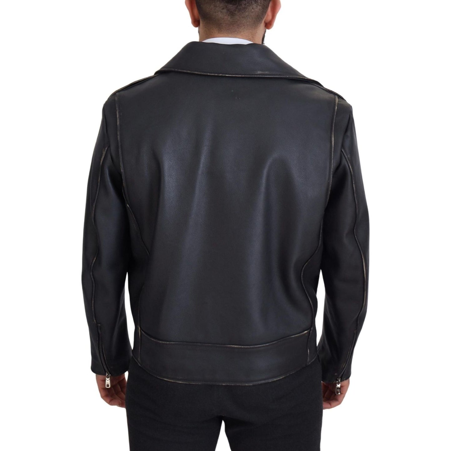 Dolce & Gabbana Black Leather Biker Coat Zipper Jacket JKT3334- 46