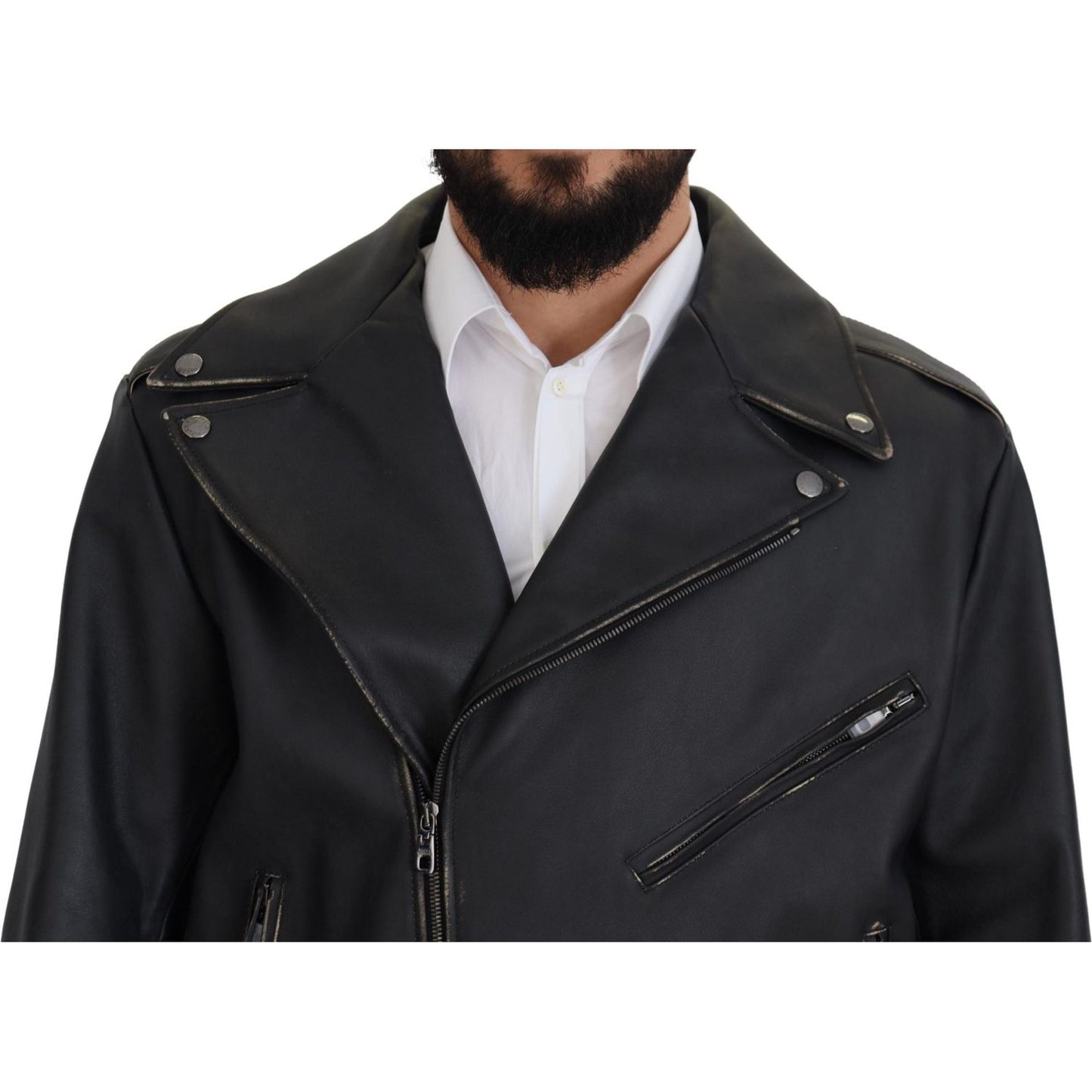 Dolce & Gabbana Black Leather Biker Coat Zipper Jacket JKT3334- 46