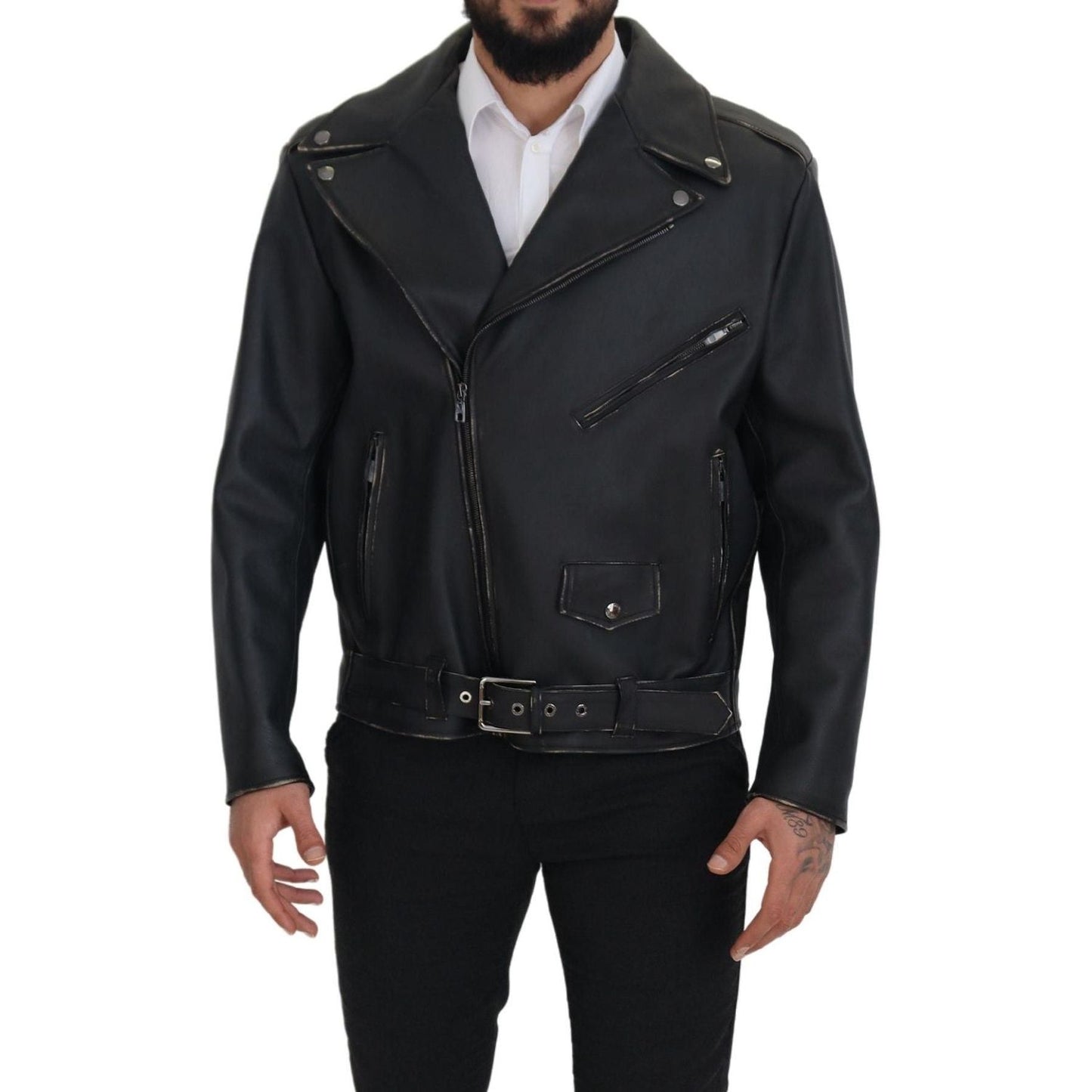 Dolce & Gabbana Black Leather Biker Coat Zipper Jacket JKT3334- 46