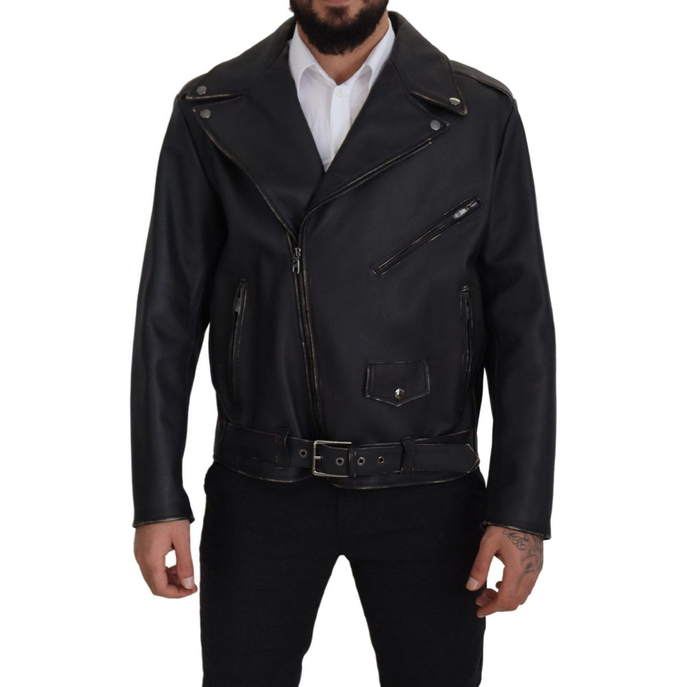 Dolce & Gabbana Black Leather Biker Coat Zipper Jacket JKT3334- 46