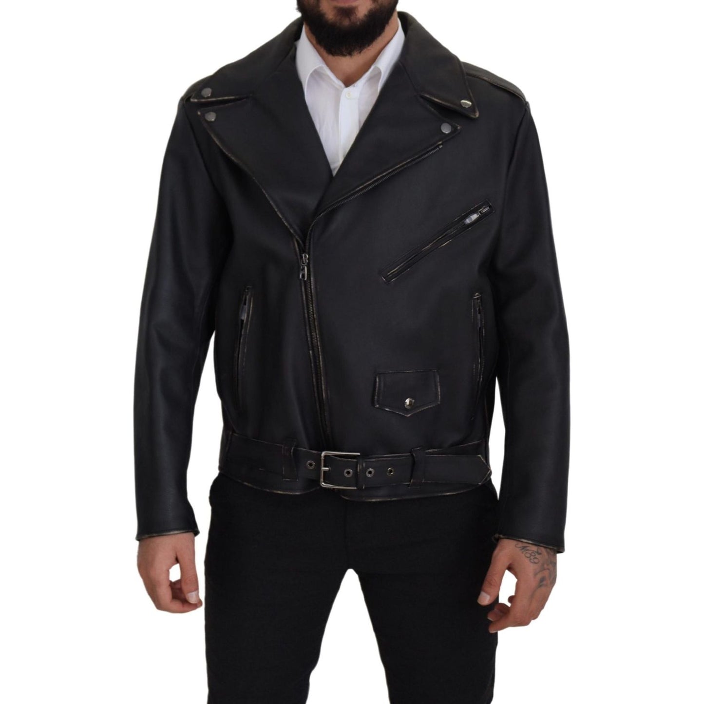 Dolce & Gabbana Black Leather Biker Coat Zipper Jacket JKT3334- 46
