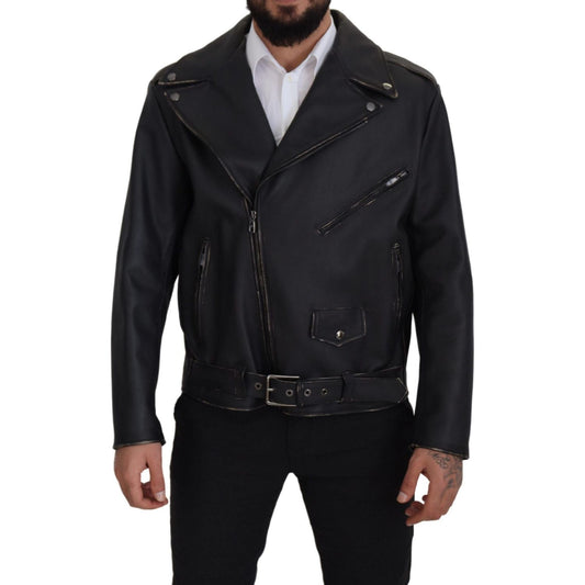Dolce & Gabbana Black Leather Biker Coat Zipper Jacket JKT3334- 46