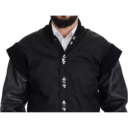 Dolce & Gabbana Black Nylon Crystals Coat Buttons Jacket JKT3335-46