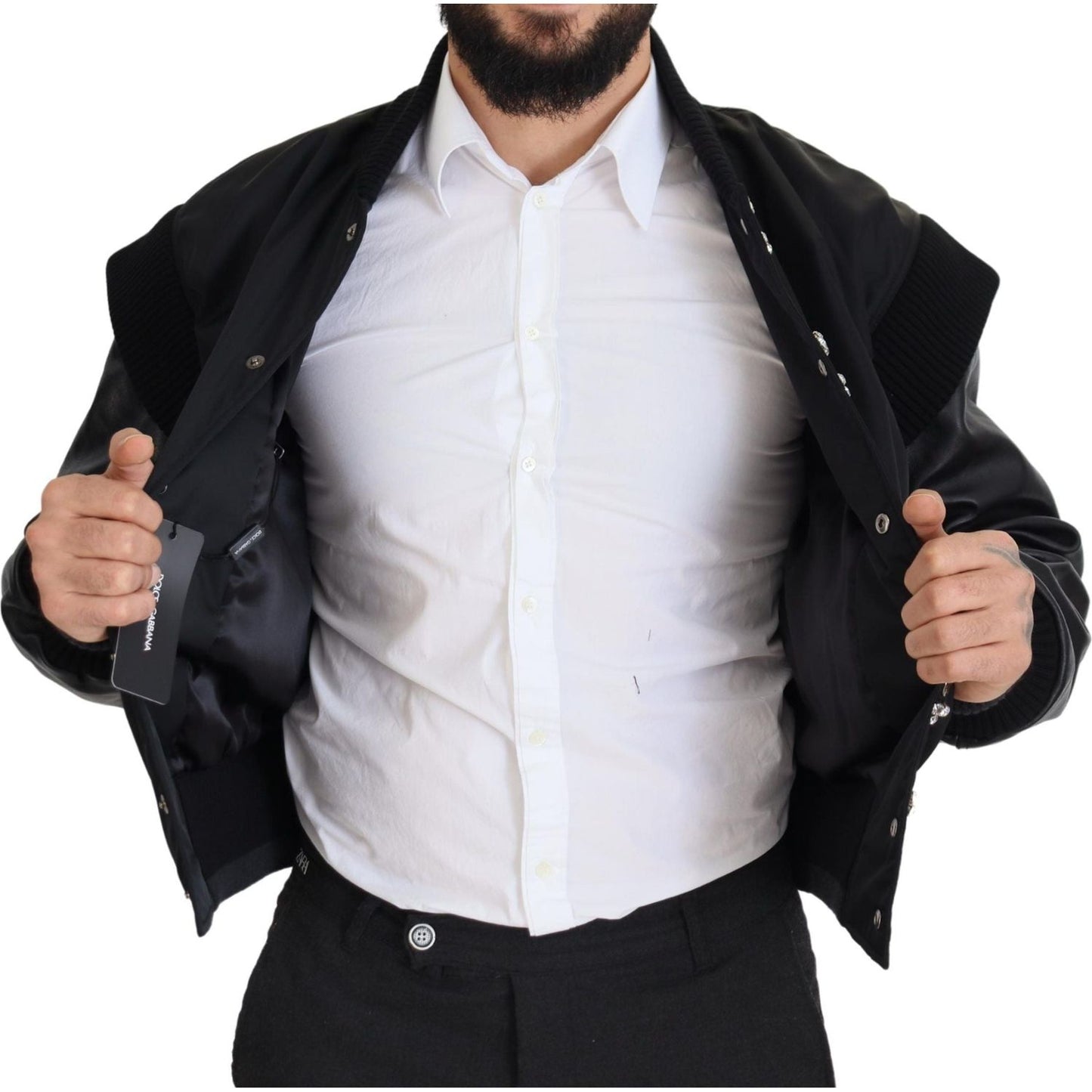 Dolce & Gabbana Black Nylon Crystals Coat Buttons Jacket JKT3335-46