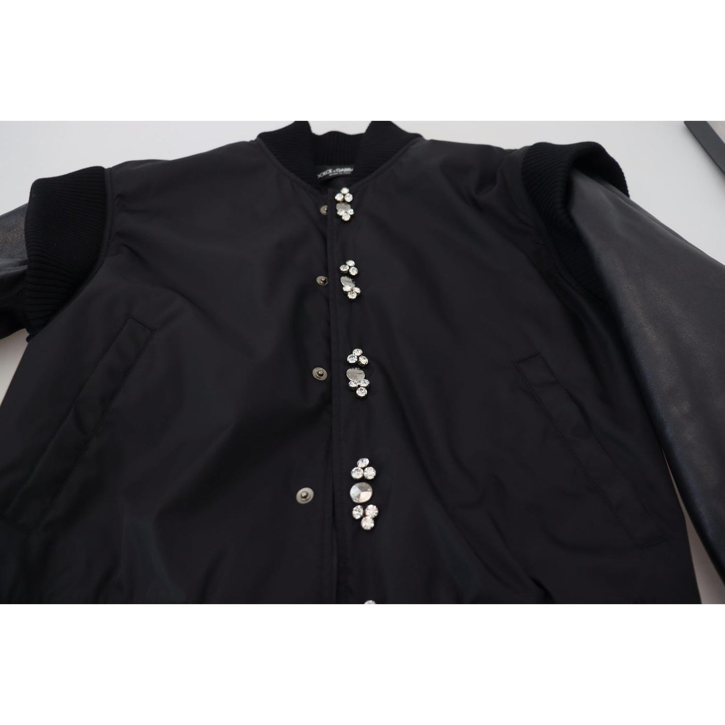 Dolce & Gabbana Black Nylon Crystals Coat Buttons Jacket JKT3335-46