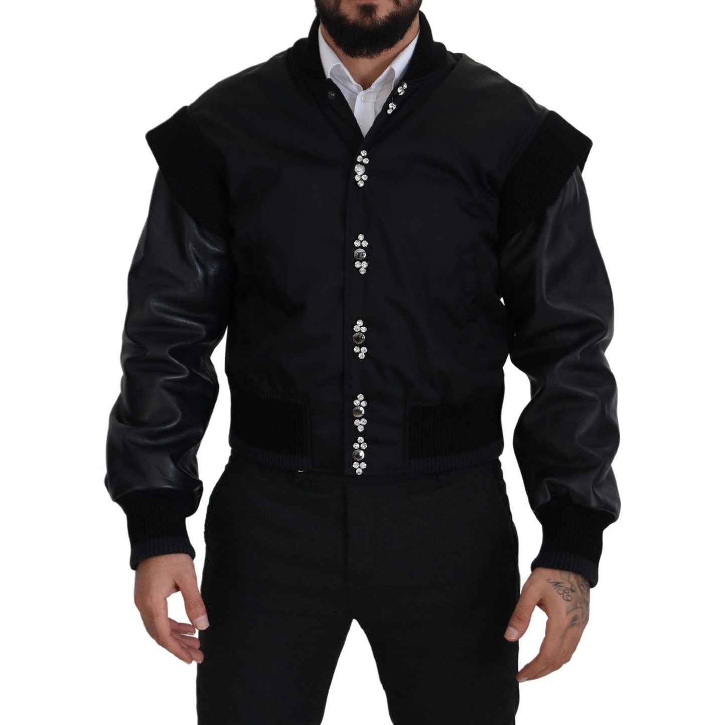 Dolce & Gabbana Black Nylon Crystals Coat Buttons Jacket JKT3335-46