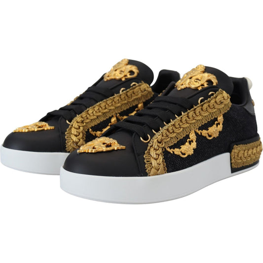 Dolce & Gabbana Black Gold Baroque Portofino Leather Sneakers Shoes LA10087- 36.5