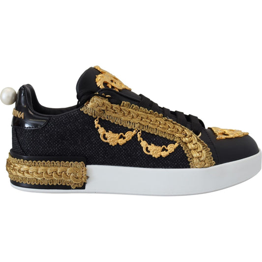 Dolce & Gabbana Black Gold Baroque Portofino Leather Sneakers Shoes LA10087- 36.5