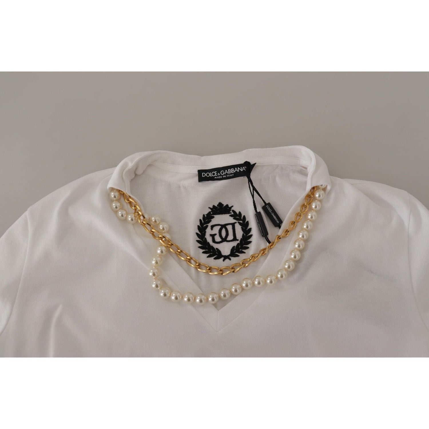 Dolce & Gabbana White Necklace Embellished Neckline T-shirt Top