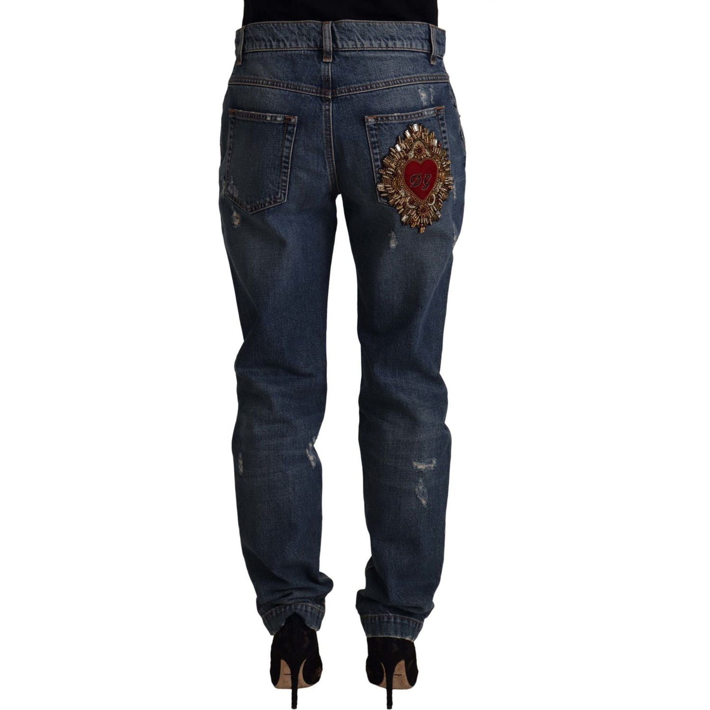 Dolce & Gabbana Blue Denim Baroque Heart Logo Patch Pants Jeans PAN73048 - 38