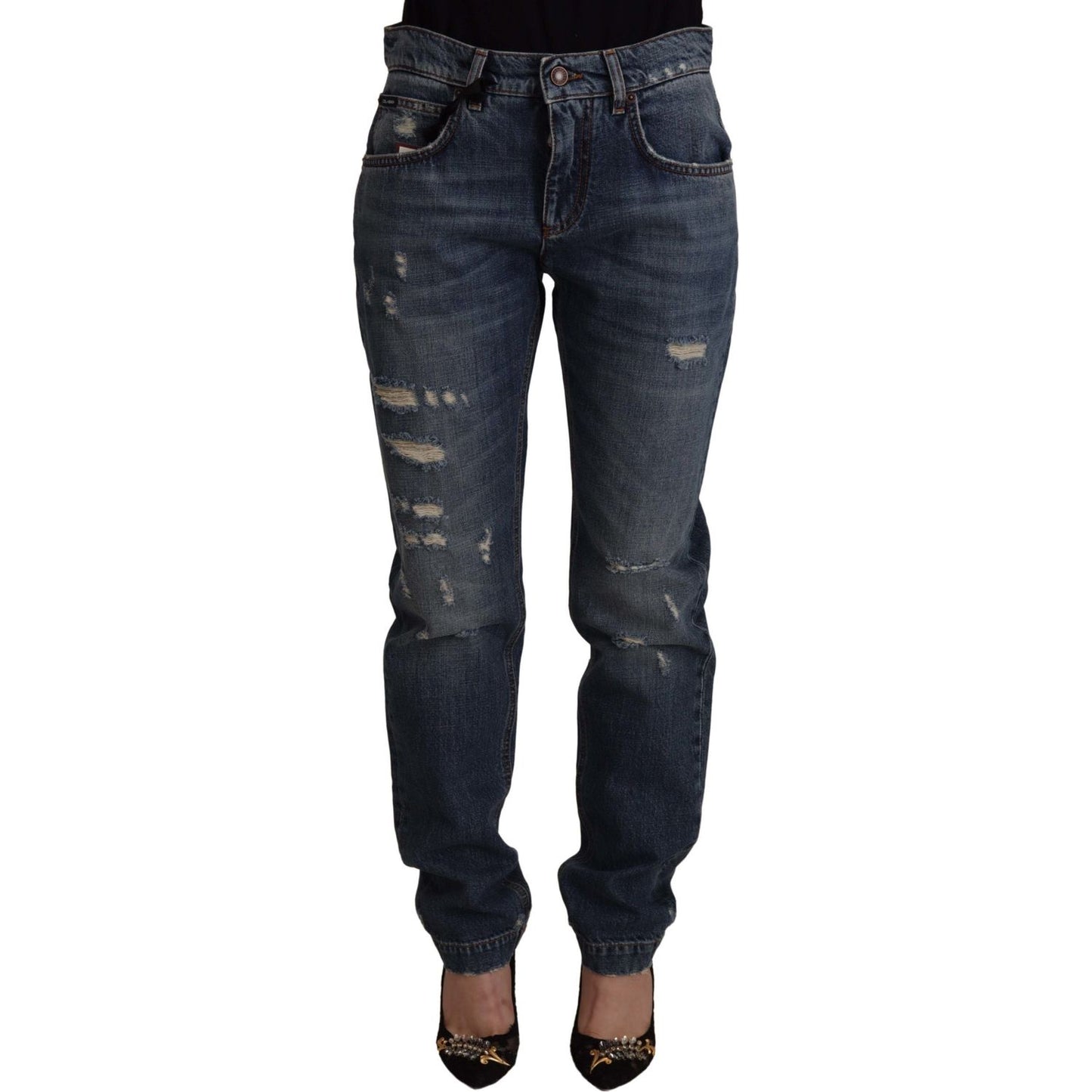Dolce & Gabbana Blue Denim Baroque Heart Logo Patch Pants Jeans PAN73048 - 38