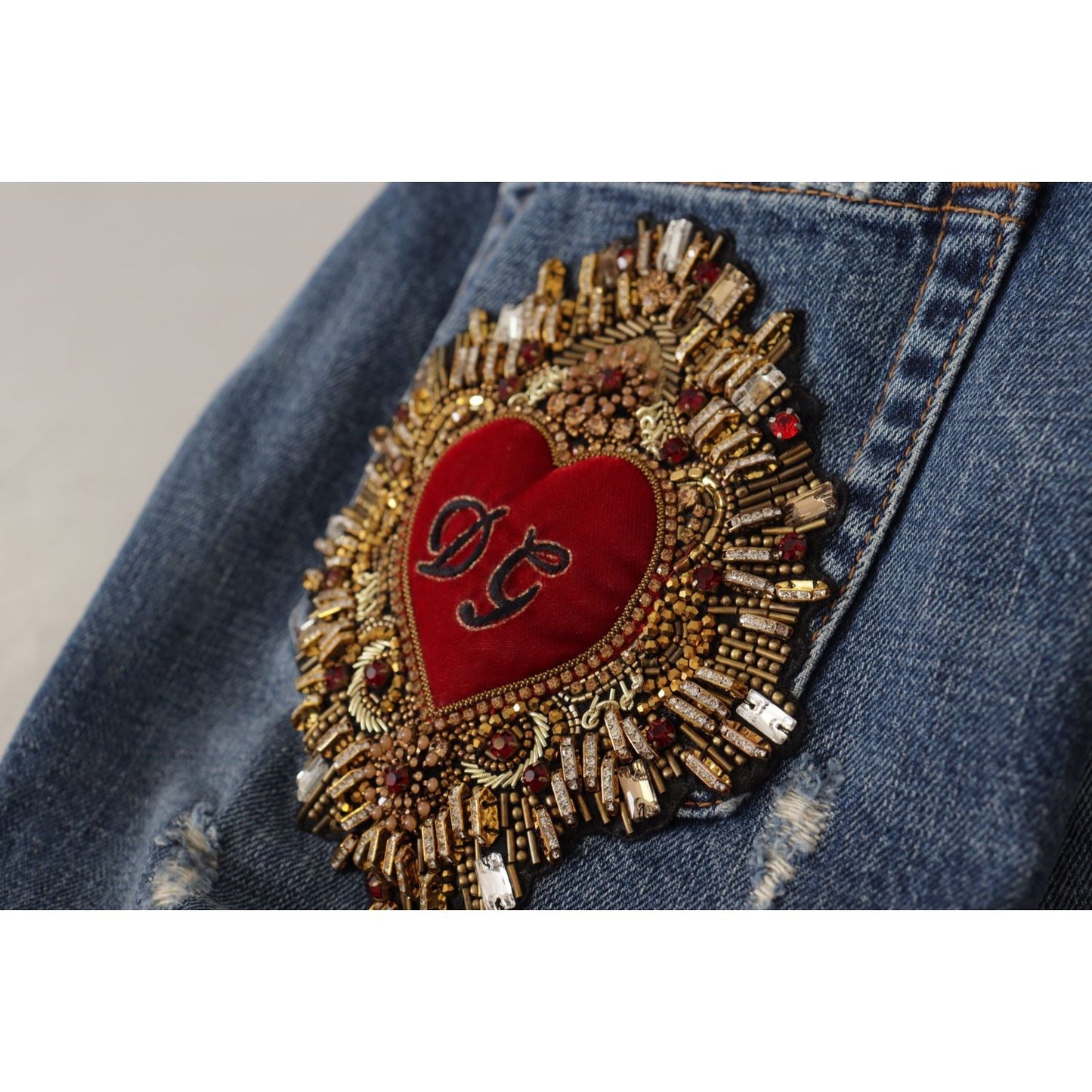 Dolce & Gabbana Blue Denim Baroque Heart Logo Patch Pants Jeans PAN73048 - 38