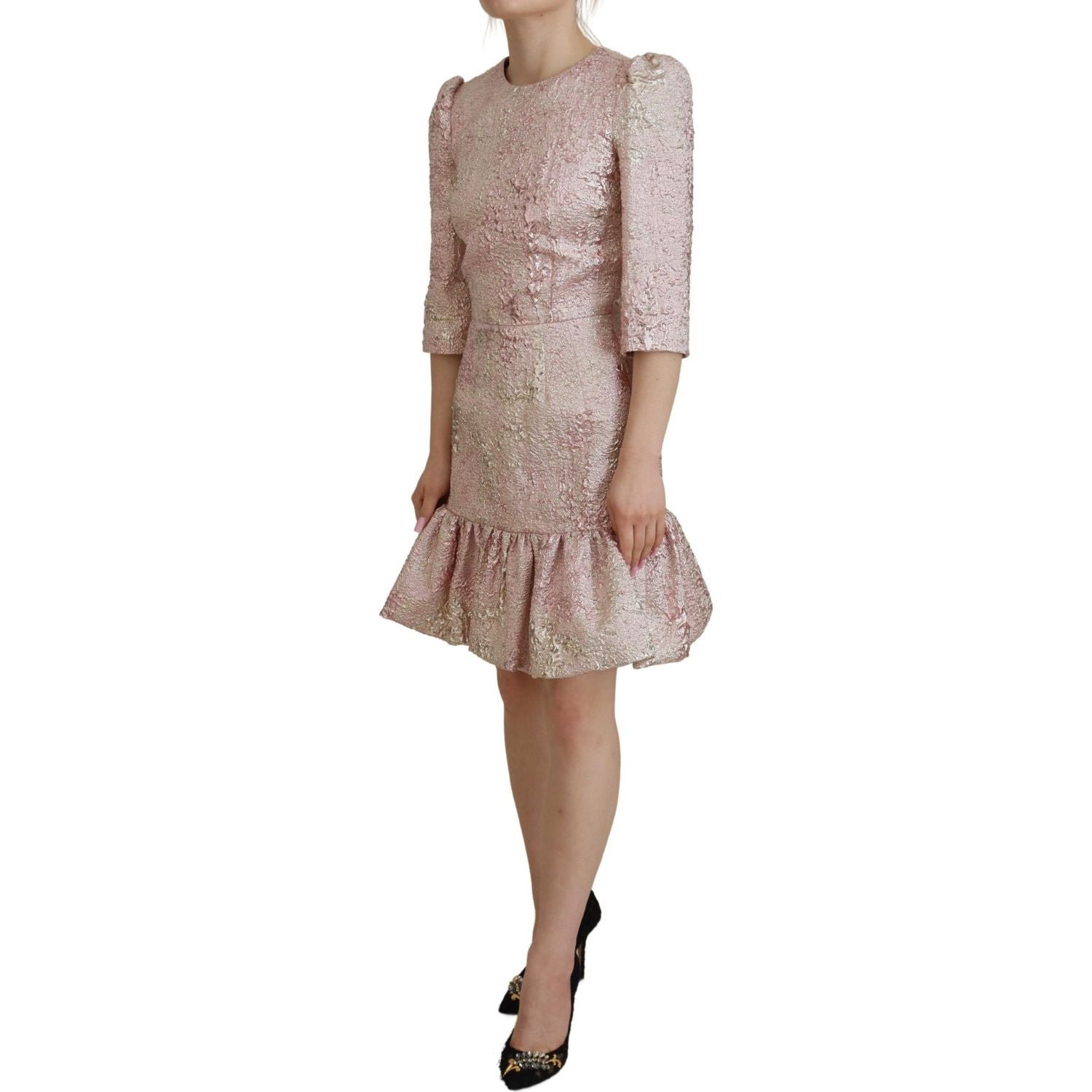 Dolce & Gabbana Pink Jaquard 3/4 Sleeve Sheath Midi Dress