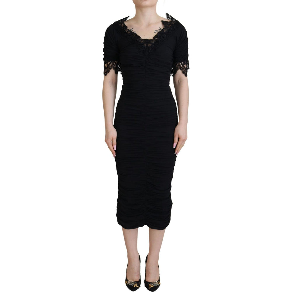 Dolce & Gabbana Black Sheath Midi Bodycon Lace Silk Dress DR28811- 36