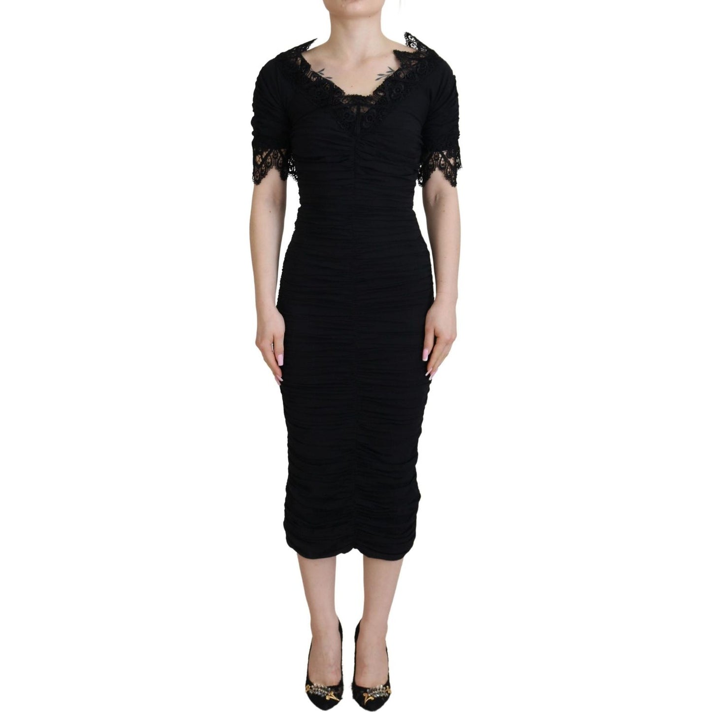 Dolce & Gabbana Black Sheath Midi Bodycon Lace Silk Dress DR28811- 36