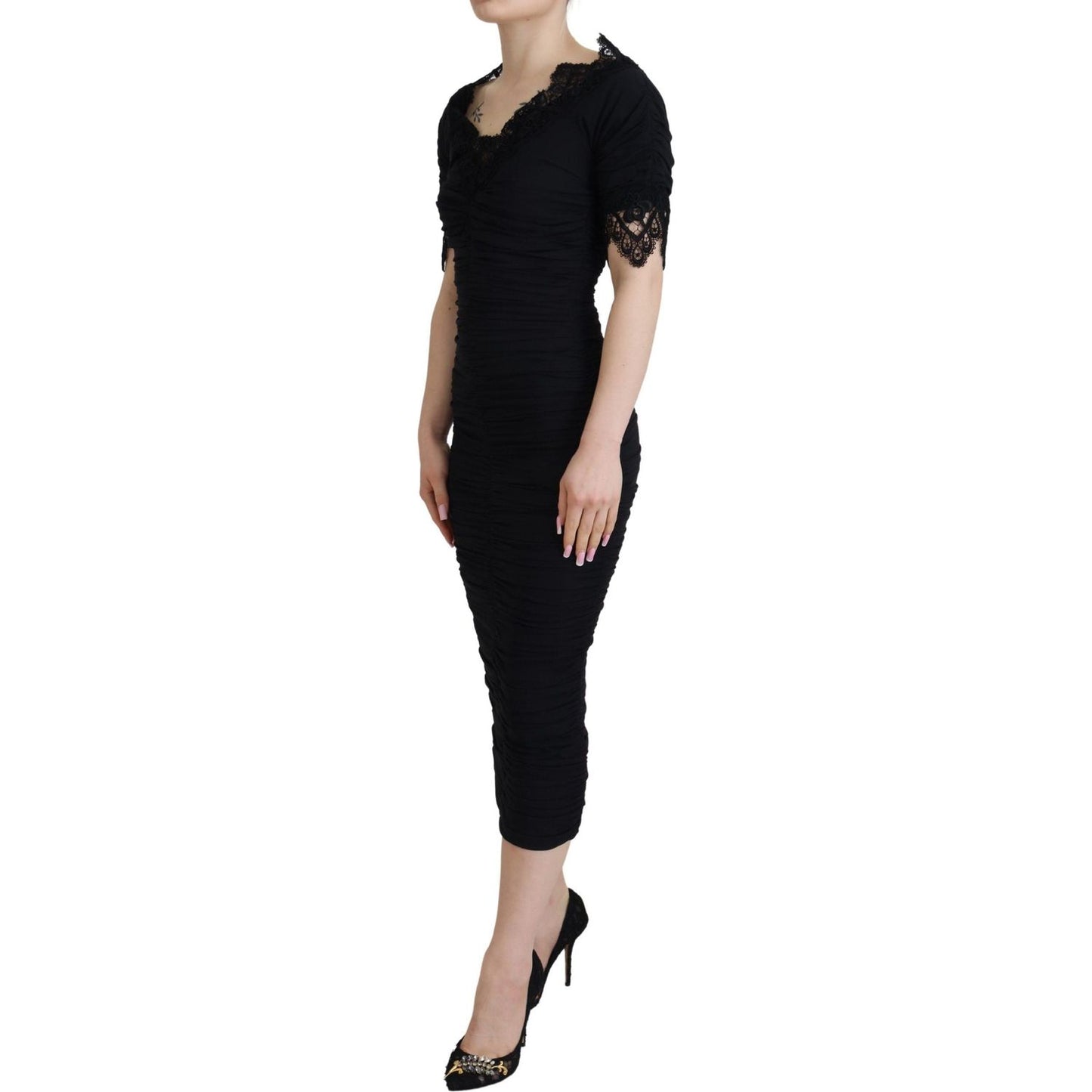 Dolce & Gabbana Black Sheath Midi Bodycon Lace Silk Dress DR28811- 36