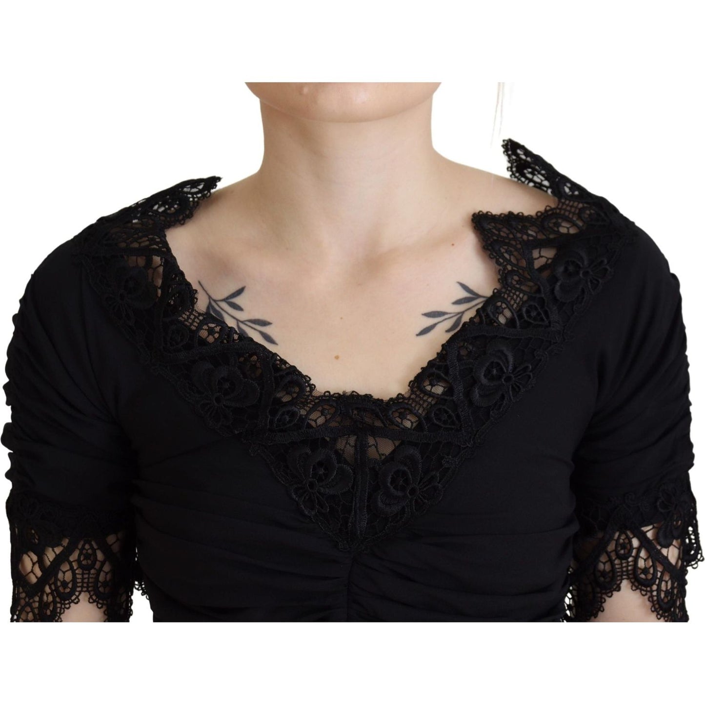 Dolce & Gabbana Black Sheath Midi Bodycon Lace Silk Dress DR28811- 36