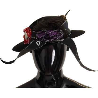 Dolce & Gabbana Black Lapil Crystal Heart Feather Brooch Fedora Hat