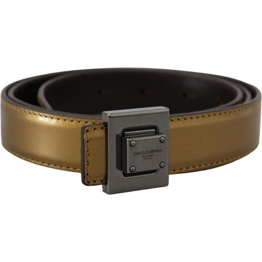 Dolce & Gabbana Gold Leather Silver Square Metal Buckle Belt BEL8975 - 36