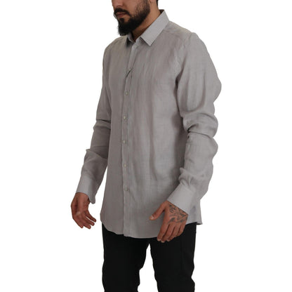 Dolce & Gabbana Gray Linen Long Sleeves Formal GOLD Shirt MAN SHIRTS